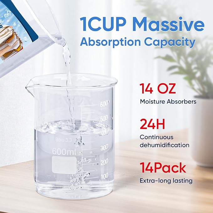 14 Pack Moisture Absorbers, 14 OZ Humidity Absorber Bucket, Moisture Absorbers for Closet, Dehumidifier Bucket for Wardrobes, Kitchens and Bathrooms, Fragrance Free Humidity Absorber