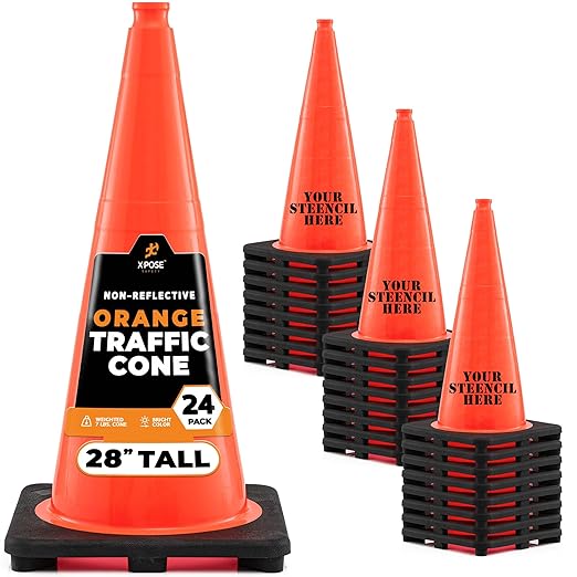 Xpose Safety 28 Inch Orange Traffic Cones, 24-Pack - Multipurpose PVC Plastic Safety Cone for Parking, Soccer, Caution, Kids and Construction - DOT Approved