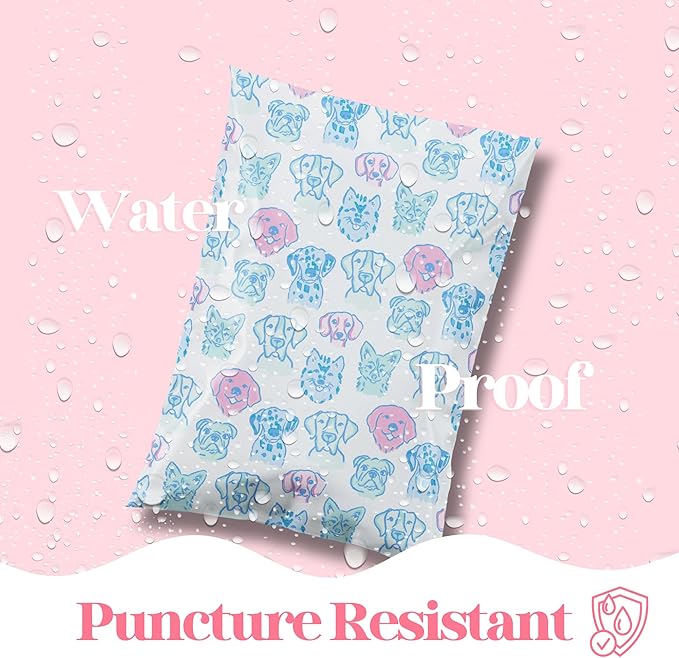 6x9 Designer Poly Mailer 100 Pack Heavy Duty Waterproof Self Seal Shipping Bags for Small Business Large Mailing Envelopes Bulk Tear Resistant Packaging Pretty Pups Puppy Dogs