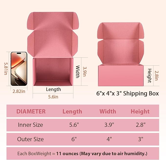 6x4x3 inches Shipping Boxes Set of 25, Small Corrugated Cardboard Box, Literature Mailer, Gift Boxes (Pink, 6x4x3)