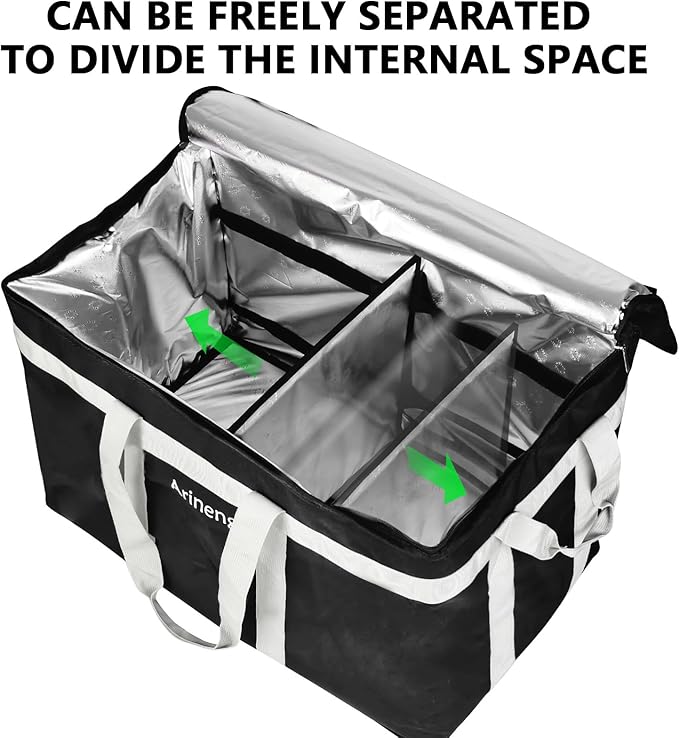 Food Delivery Insulated Bag, Insulated Cold Meal Bag, Built-in Base Plate, For Hot and Cold Food Takeout, Commercial Catering Transportation - 23 * 14 * 15 inches (Partitioned, Black)