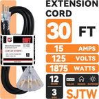 EP 30 Ft 12 Gauge Heavy Duty Extension Cord, 15A 125V 1875W, 3 Outlet Indoor/Outdoor Power Cord with Lighted End, 12/3 SJTW Weatherproof Black, UL Listed