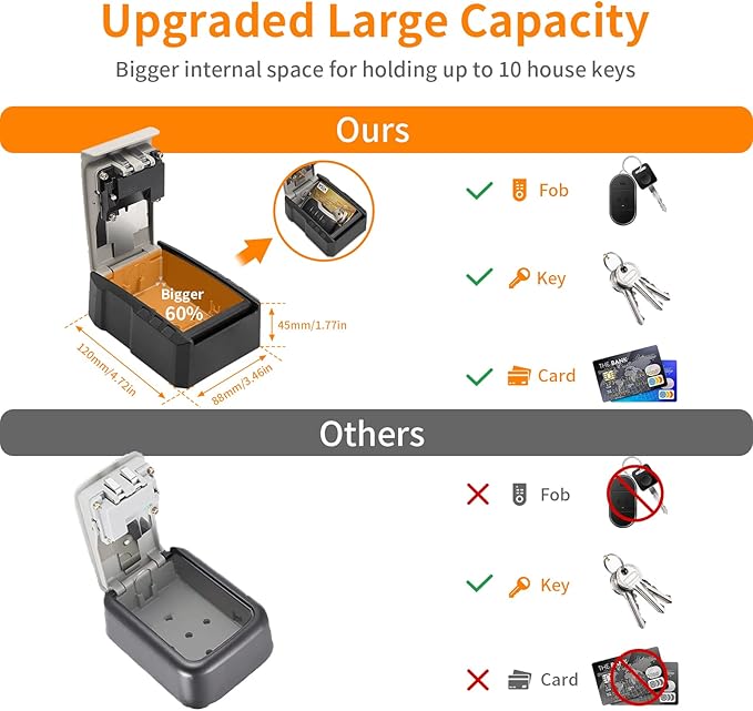 UPGRADE Extra Large Capacity Key Lock Box, Weatherproof Wall Mount Key Box for Car Keys, Fob, House Keys, Key Safe Security Storage Lock Box for Indoor, Outdoor, Garage, Garden, Store (1, Grey)