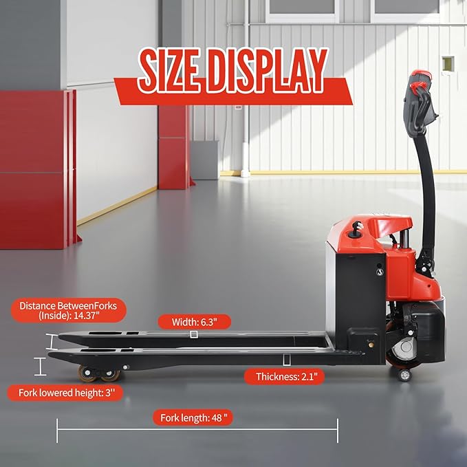 Full Electric Pallet Jack Truck 3300Lbs Capacity with Emergency Key Switch 48‘’x27'' Fork Size Powered Lithium Battery Truck for Factory, Warehouse, Supermarket, Multi-Function Handle (Red)