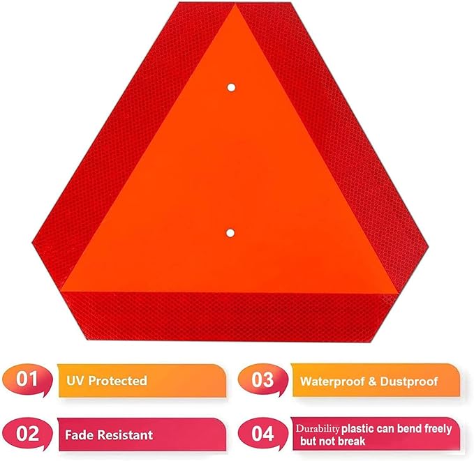 Reflective Slow Moving Vehicle Sign,Slow Moving Vehicle Triangle - 14"x16" 80 Mil thick Engineering Grade Plastic SMV Sign for Tractor,Golf Cart,Farm Equipment, UTV, Easy Installation