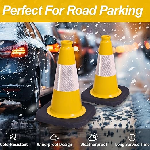 BESEA 6Pack 18 Inch Yellow Traffic Cones with 6 Inch Reflective Collar, Heavy Duty PVC Safety Cones with 10.5 x 10.5 Inch Base for Parking, Driving Practice, Sports Training, and Construction