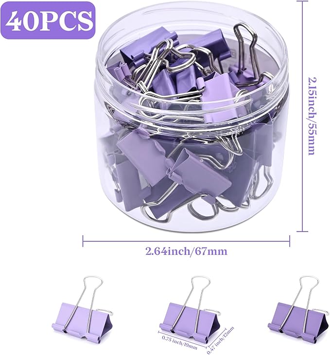 Temiary Aesthetic Binder Clips, 40 Pcs 0.75 Inches Small Metal Binder Clip with Clear Storage Container, Binding Paperwork Clamps for School Teachers Office Supplies (Purple)