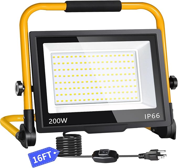 24000LM LED Work Light, 200W Ultra Brighter Flood Light with 16FT Cord Switch, Portable Worklight with Stand, 5000K IP66 Waterproof Outdoor Construction Lighting for Job Site Camping Workshop Garage