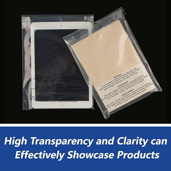 iMailer - 200 Count - 8" x 10" Clear Plastic Poly Bags with Suffocation Warning for Clothing, T-Shirt, Brochure, Prints, Handicraft Gift- Resealable Adhesive,Not Strong