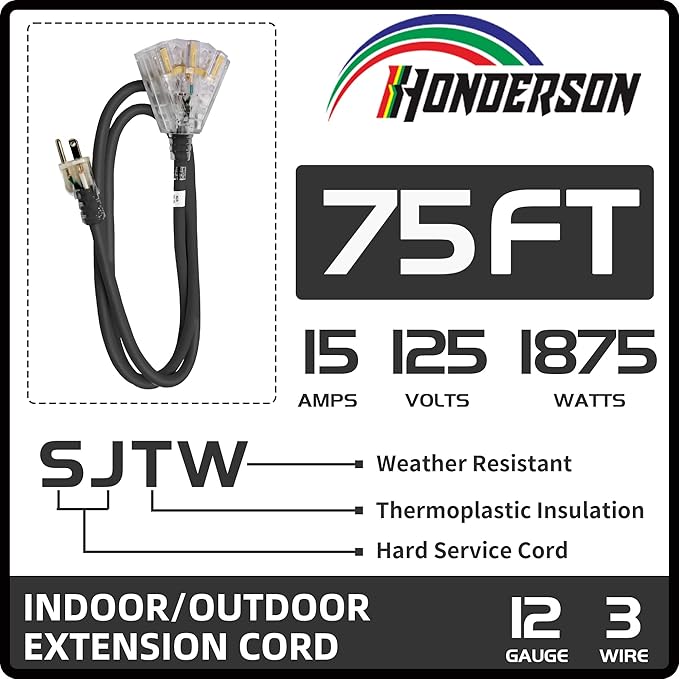 3-Outlets Indoor Outdoor Extension Cord Weatherproof with Lighted End, UL Listed, 12 Gauge 75FT Black 3 Prong Heavy Duty, 12/3 SJTW 15A Power Cord