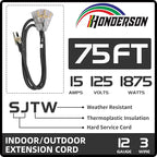 3-Outlets Indoor Outdoor Extension Cord Weatherproof with Lighted End, UL Listed, 12 Gauge 75FT Black 3 Prong Heavy Duty, 12/3 SJTW 15A Power Cord