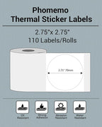 Phomemo Sticker Circle Labels- 2.75''x2.75''(70x70mm) Thermal Label for M221/M220/M200, for Barcode/Address/Mailing/Logo/Business/Home Tag, Black on White