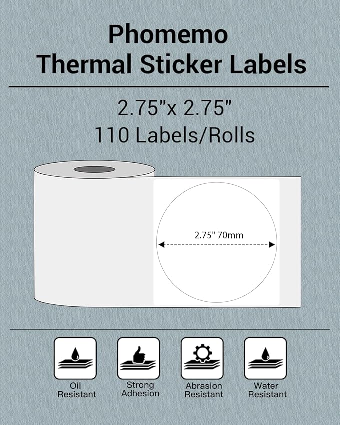 Phomemo Sticker Circle Labels- 2.75''x2.75''(70x70mm) Thermal Label for M221/M220/M200, for Barcode/Address/Mailing/Logo/Business/Home Tag, Black on White