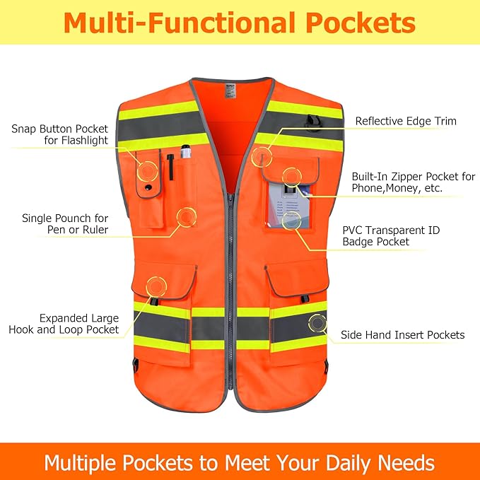 TCCFCCT High Visibility Vest 9 Pockets Reflective Safety Vest for Men Women, Hi Vis Construction Work Vest with Yellow Extend Edge for Surveyors, Durable to Use, Meets ANSI/ISEA, (DB-Orange, X-Large)