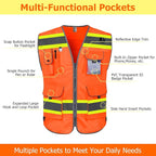 TCCFCCT High Visibility Vest 9 Pockets Hi Vis Reflective Safety Vest for Men Women, Surveyor Work Vest with Fluorescent Yellow Extend Edge, Durable, Breathable, Meets ANSI/ISEA, (DB-Orange, Small)