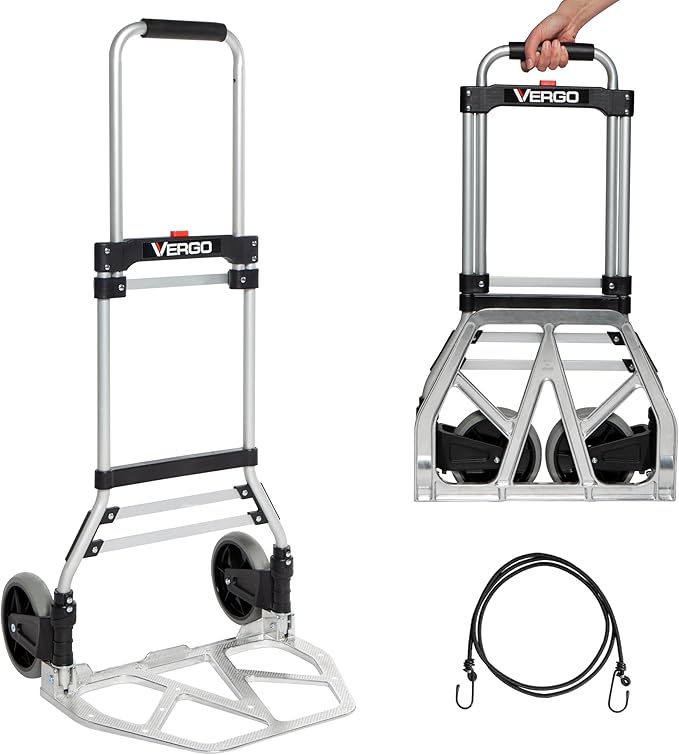 Vergo 275 Ibs Capacity Folding Hand Truck Dolly – Lightweight Aluminum Frame Dolly Cart with 42" Telescoping Handle, Compact Hand Cart with 7” Rubber Wheels - Ideal for Multi-Purpose Use (S300BT)