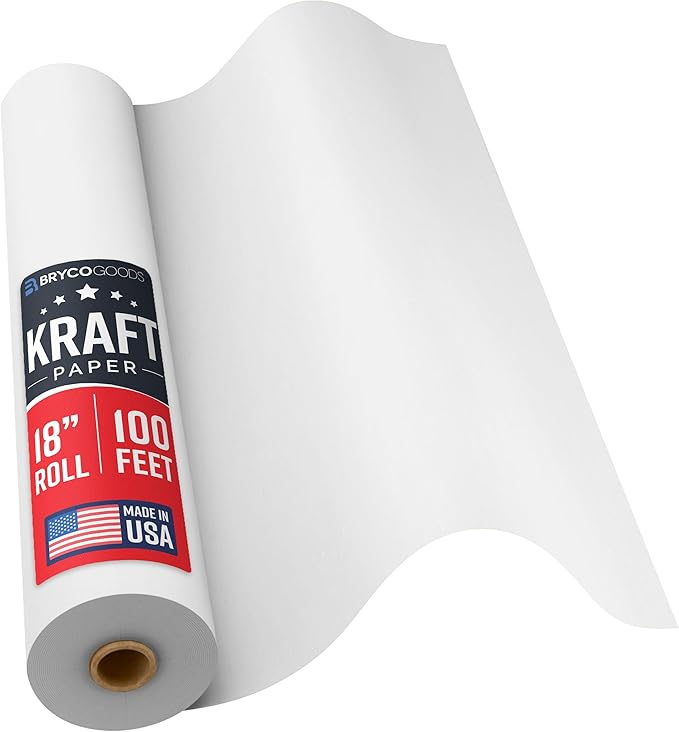 Bryco Goods 18”x1200” (100’) White Wrapping Paper – Kraft Paper Roll for Painting, Drawing, Banner, Bulletin Board, Easel Use, Floor Covering, Packaging, Shipping, Arts & Crafts – Made in USA