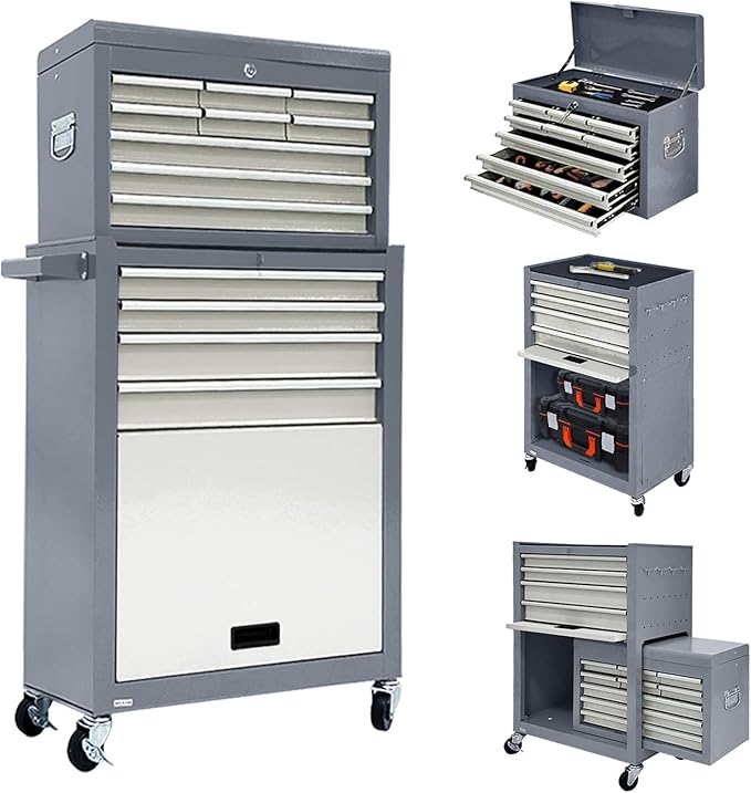 13-Drawer Rolling Tool Chest, 2 in 1 Side-Opening Tool Chest,Tool Box with Drawers and Wheels, Large Tool Cabinet with Lock, Metal Standing Toolbox for Garage Workshop-Side Gray