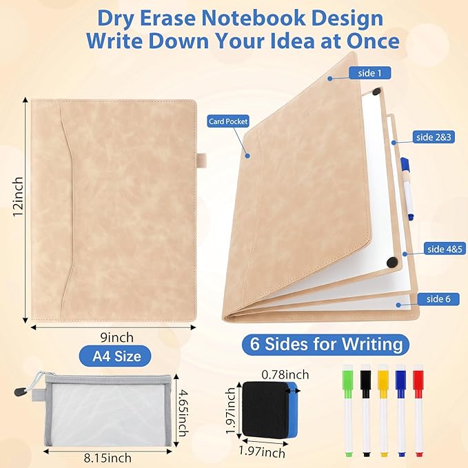 6 Sides Whiteboard Notebook Portable Whiteboard Dry Erase Notebook Portable Dry Erase Board Double Sided Folding Whiteboards White Board for Office Study Meeting(Khaki,A4: 9"×12”)