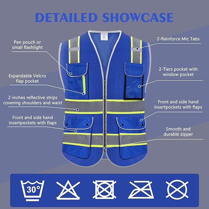 High Visibility Safety Vest - Reflective Breathable Mesh with 9 Pockets, Front Zipper for Men & Women - Meets ANSI/ISEA Standards