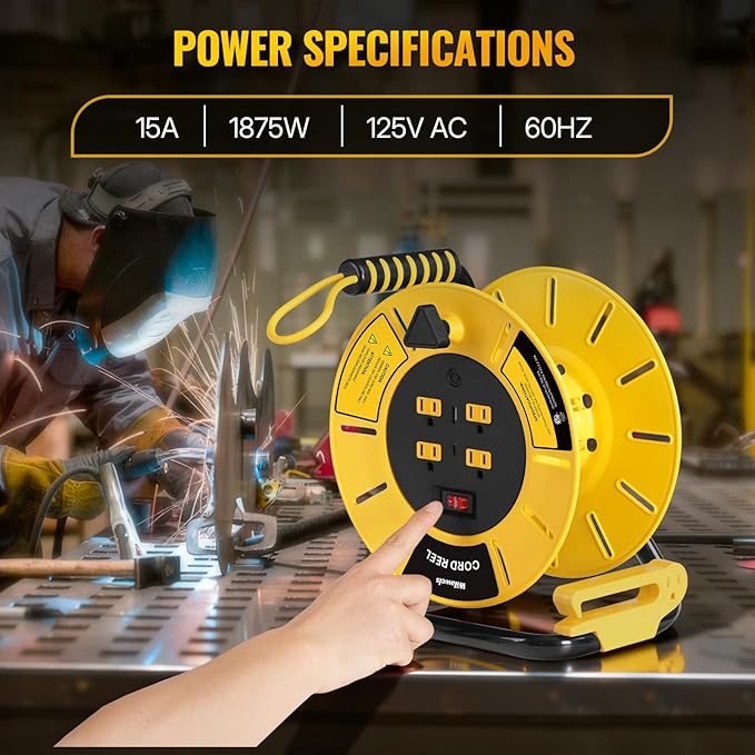 Extension Cord Storage Reel with 4-Grounded Outlet & 2 USB Port, 15A Circuit Breaker, Heavy Duty Open Cord Reel for 12/3,14/3 Gauge Power Cord, Hand Wind Retractable,ETL Listed Yellow Y85CR06