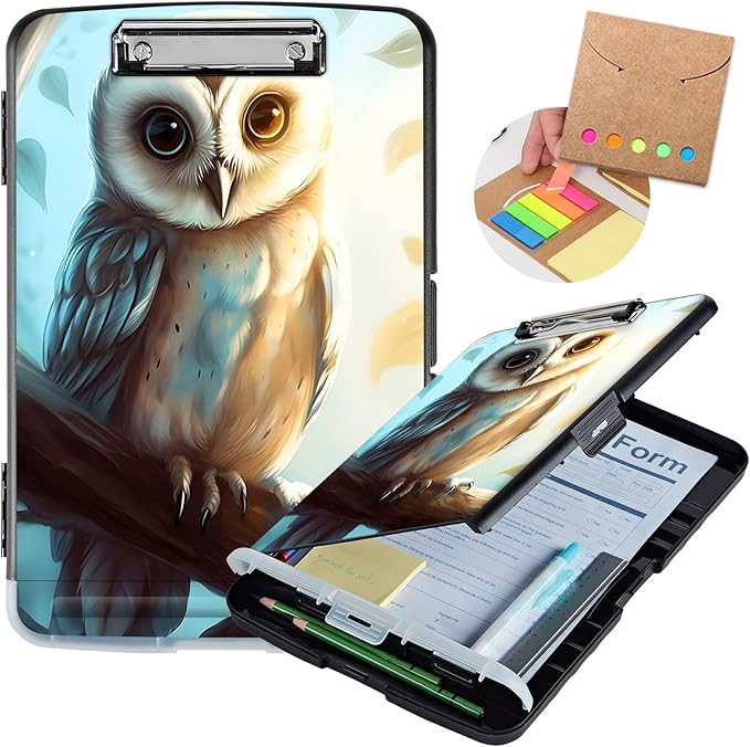 Clipboard with Storage,Storage Clipboard with Pen Holder,Heavy Duty Plastic Storage Clipboard with Low Profile Clip, Clipboard Folder, Teacher Must Haves, Office Supplies,owl on Branch