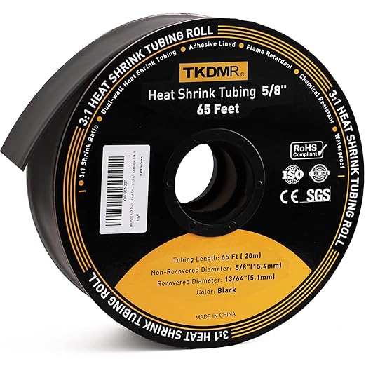 TKDMR 65 Ft 5/8" Heat Shrink Tubing - 3:1 Ratio Marine Grade Heat Shrink,Wire Cable Adhesive Lined Tube Insulation Seal Against Moisture Corrosion and Air Leakage.Black