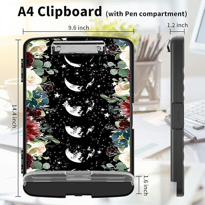 Clipboard with Storage High Capacity Plastic Nursing Clipboards with Pen Holder File Folder Storage Box Clipboard with Heavy Duty Clips for Teacher,Doctor,Offices-Moon Wild Floral