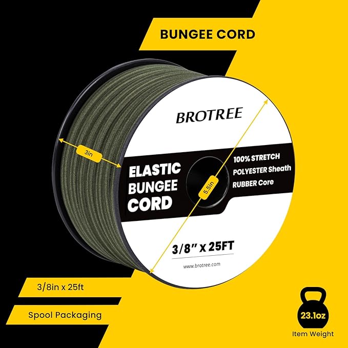 Bungee Cord Elastic Shock Cord 3/8" x 25' Bungee Rope for DIY, Tie Downs, Kayak and Outdoor - Army Green
