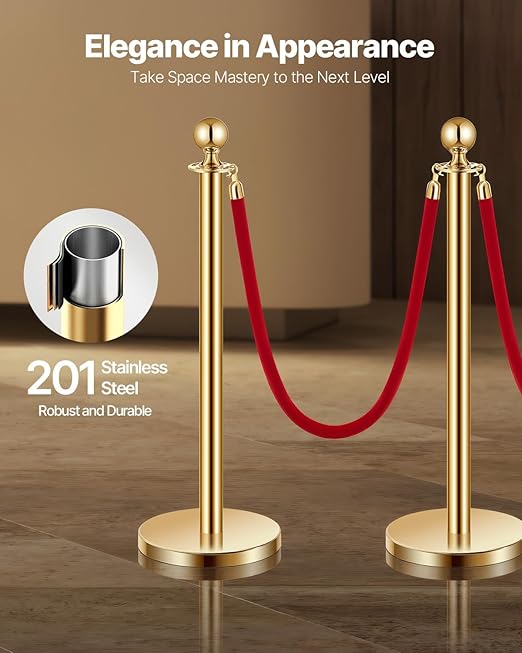 VEVOR Stanchions and Velvet Ropes 4Pcs, Hollow Base with Stainless Steel Post, 3 Red Velvet Ropes and Posts, Crowd Control Barriers Gold Stanchions, Red Carpet Runner Poles for Party Supplies