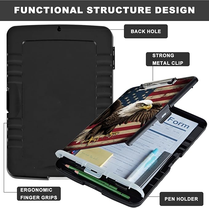 Clipboard with Storage,Heavy Duty Plastic Storage Clipboard with Low Profile Clip,Teacher Must Haves,Office Supplies,American Flag Owls