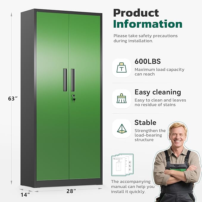 Greenvelly Metal Storage Cabinet, 63" H Locking Metal Storage Cabinet with Doors and 4 Shelves, Lockable Steel Cabinets for Kitchen, Bedroom, Living Room, Office (Green)