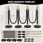 6PCS Black Gold Stanchions, Stanchions and Velvet Ropes 4PCS, Crowd Control Barriers, Black Poles for Red Carpet Suitable for Theaters, Party, Exhibition Center, Ticket Office