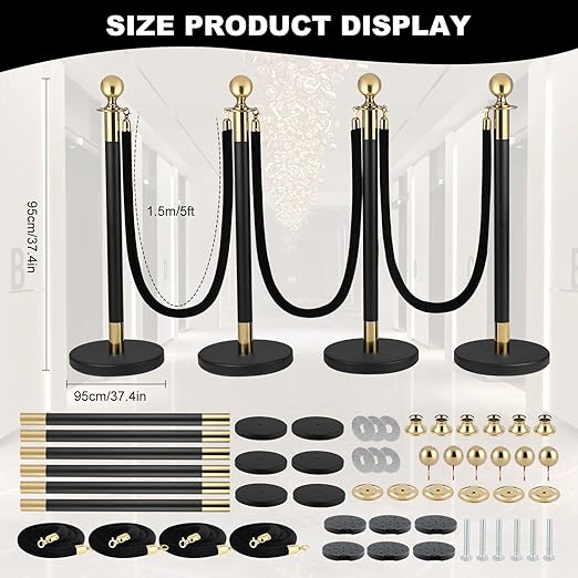 6 PCS Stainless Steel Stanchion Post,5 Ft Black Velvet Ropes and Stanchion Poles Set Crowd Control Barriers with Fillable Base Used for Party Wedding Theaters Red Carpet