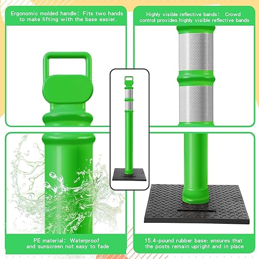 Kanayu 49 Inch Traffic Delineator Posts with 8.8 Lbs Rubber Base PE Delineator Post Portable Parking Pole Traffic Cone Barrier with Removable Base, Reflective Band(4 Packs,Green)