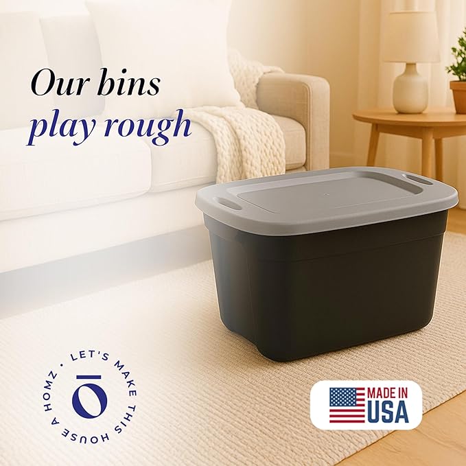 HOMZ Durable Molded Bin, Plastic Storage Container with Lid, 10 Gallon, Black/Silver - Stackable Organizer Totes and Boxes for Bedroom, Kitchen, and Garage Organization