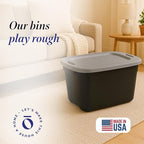 HOMZ Durable Molded Bin, Plastic Storage Container with Lid, 10 Gallon, Black/Silver - Stackable Organizer Totes and Boxes for Bedroom, Kitchen, and Garage Organization