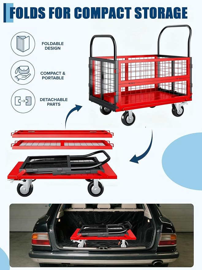Platform Truck Cart with Cage, 6-in-1 Multi-Purpose Flatbed Cart, Foldable Hand Truck Load 1800LBS with 4 Wheels Push Dolly for Grocery, Laundry, Garage, Warehouse (Red+Black)