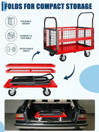 Platform Truck Cart with Cage, 6-in-1 Multi-Purpose Flatbed Cart, Foldable Hand Truck Load 1800LBS with 4 Wheels Push Dolly for Grocery, Laundry, Garage, Warehouse (Red+Black)