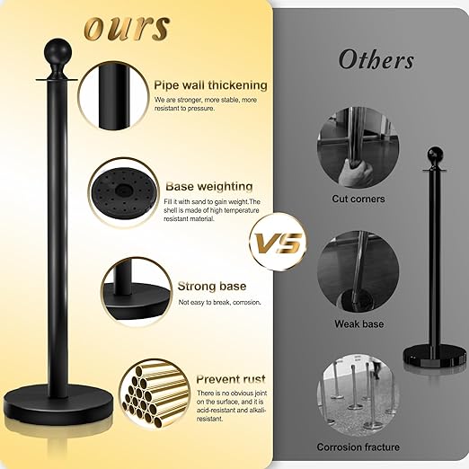 8PCS Black Stanchions Posts with 4PCS 5 ft Black Velvet Rope, Black Velvet Rope Stanchion Set Crowd Control Barriers, Stanchions and Velvet Ropes Red Carpet Poles for Party Supplies