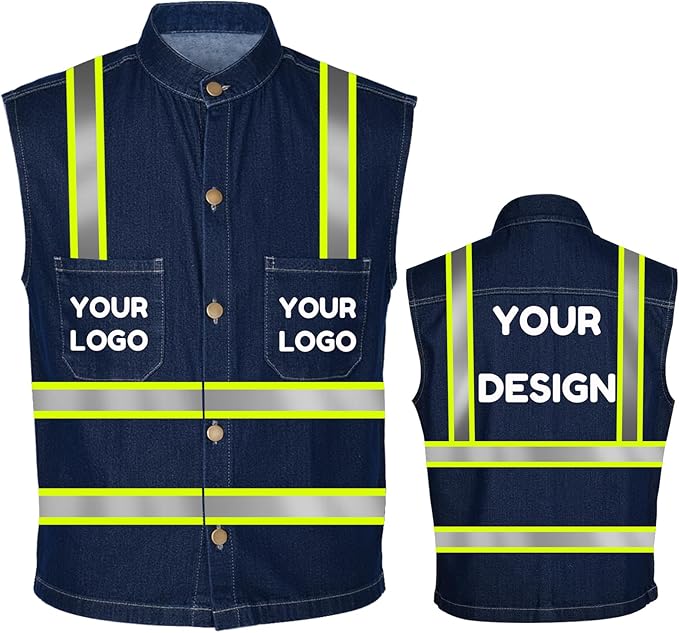 YOWESHOP Men's Reflective Safety Denim Vest，Custom Safety Outdoor Denim Work Vest with Hi-Vis Stripes for Night Commute