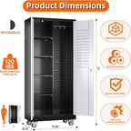 Aobabo Metal Broom Closet Storage Cabinet on Wheels and 2 Lockable Doors, Steel Cleaning Tools Cabinet for Garage with Pegboards and Hooks,Black,Assembly Required