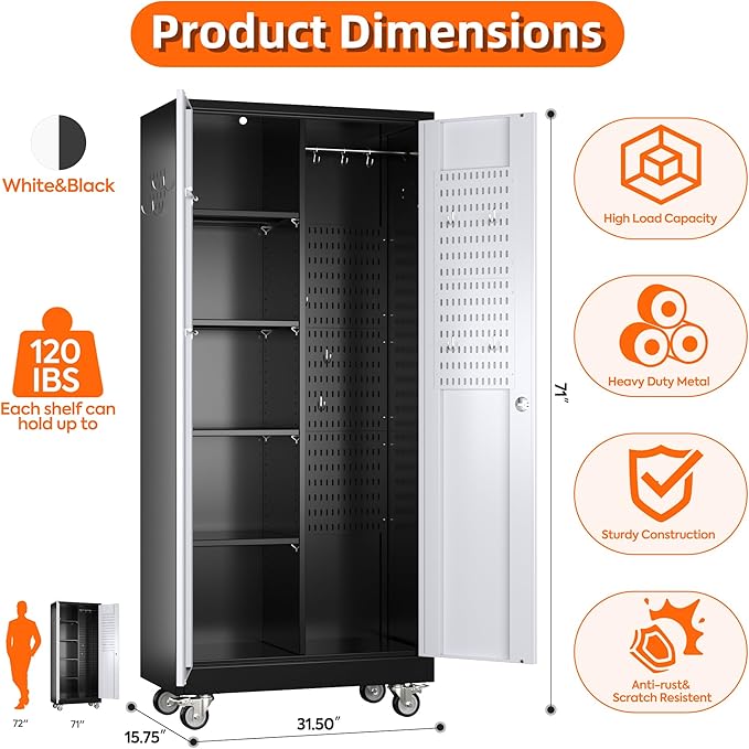 Aobabo Metal Broom Closet Storage Cabinet on Wheels and 2 Lockable Doors, Steel Cleaning Tools Cabinet for Garage with Pegboards and Hooks,Black,Assembly Required