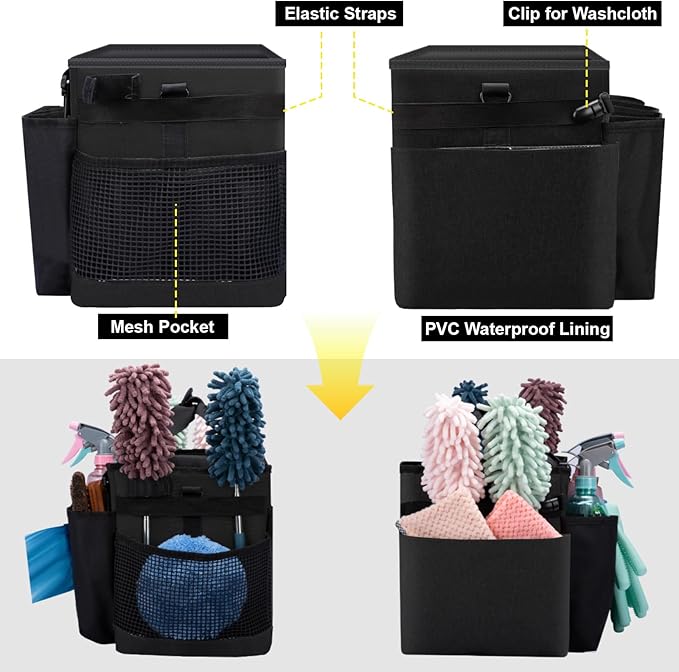 Wearable Large Cleaning Caddy Bag for Housekeeper, Clean Supply Organizer with Adjustable Shoulder, Waist & Handle Straps, Detailing Bag for Kitchen Supplies (Black)
