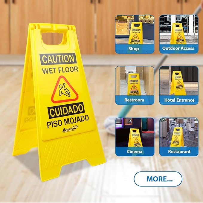 Caution Wet Floor Sign, （L:17.12in W:8.38in H:0.94in）2-Sided Foldable Safety Sign for Commercial Use, A Frame Caution Sign Bilingual Warning Signs, Yellow (yellow 2pack)