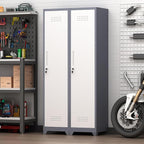 GREATMEET Slim Locking Metal Garage Storage Cabinet, 65" Lockable Utility Closet, Tall Steel Narrow Broom Closet Storage Cabinets with Door and Shelves for Laundry Room, Bathroom, White & Grey