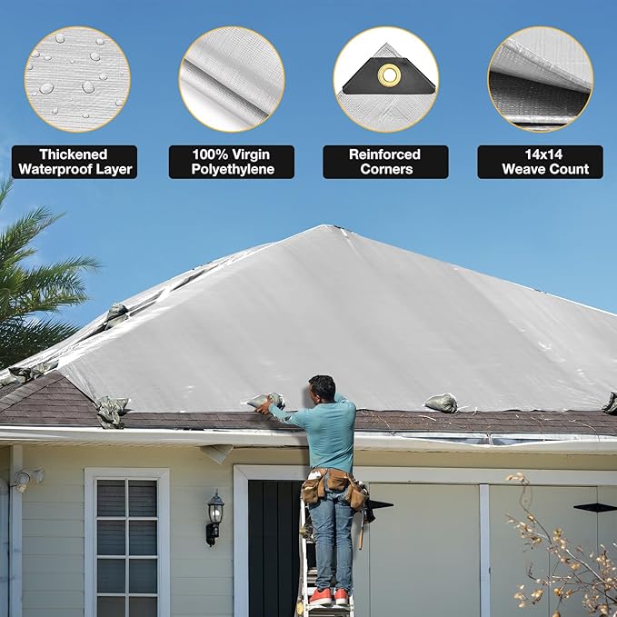 Tarp 20x20 Feet 14 Mil Heavy Duty Waterproof Tarp, Large Multipurpose Cover with Brass Grommets and Reinforced Edges, UV Resistant Thick Poly Tarps for Outdoor Camping Tent Pool Car
