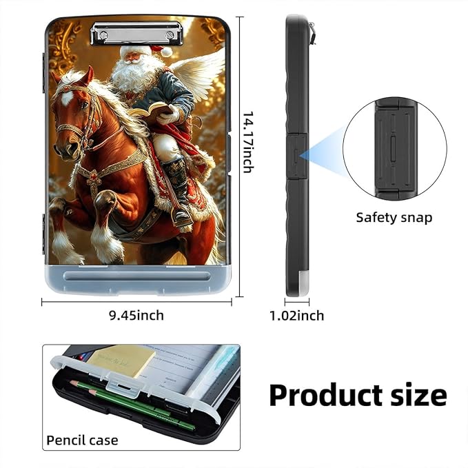 Clipboard with Storage Box & Pen Holder,Heavy Duty Clip Boards 8.5x11 for Nursing,High Capacity,School & Office Supplies,Santa Horse Christmas