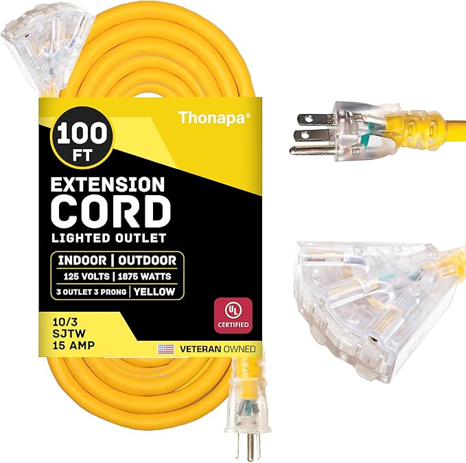 100 Foot Lighted Outdoor 15 Amp Extension Cord with 3 Electrical Power Outlets - 10/3 SJTW Yellow 10 Gauge Cable with 3 Prong Grounded Plug for Safety - Great for Garden and Major Appliances