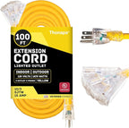 100 Foot Lighted Outdoor 15 Amp Extension Cord with 3 Electrical Power Outlets - 10/3 SJTW Yellow 10 Gauge Cable with 3 Prong Grounded Plug for Safety - Great for Garden and Major Appliances
